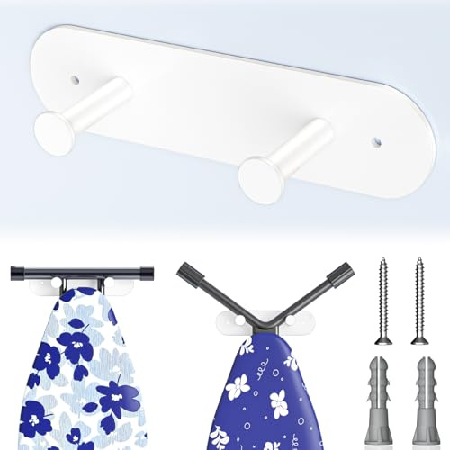 LOXSUN Ironing Board Hanger Wall Mount, Ironing Board Holder with Removable Hooks, Laundry Rooms Iron Boards Hook for Wall for Y or T Leg (White)