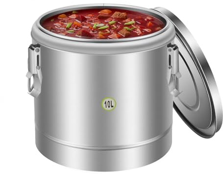 Brride 10L Thermobehälter 304er Edelstahl Isoliert, Professioneller Warmhaltebehälter Suppenbehälter mit Deckel, Thermobox Eimer für Schulkantinen, Hotels, Restaurants, Großküchen