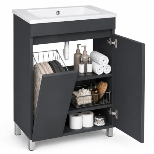 Waschtischunterschrank 60 cm mit Waschbecken und Wäschekorb, Anthrazit matt | stehend oder wandhängend, Soft-Close, Wäschekippe, Seitentür, 3 Ablagen, höhenverstellbare Metallfüße