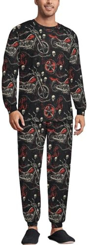 TZTTZT Herren-Pyjama-Set mit Totenkopf-Motorrad-Motiv, weicher Loungewear-Pyjama-Set, langärmelig, Herren-Nachtwäsche mit Taschen