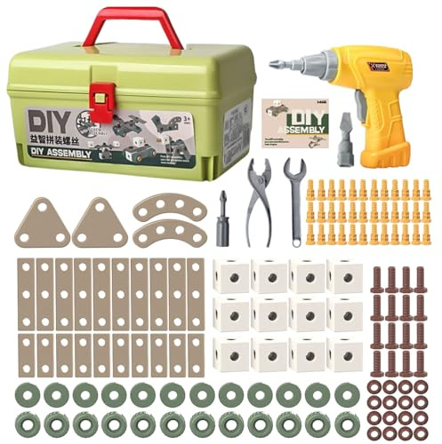 Drill Toy Set - Educational Building Tool Kit With Battery Powered Drill And Screws, STEM Construction Learning Toy | Creative Play Workshop Table For Kids Boys Christmas Birthday Activities