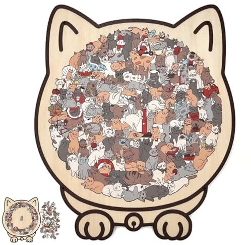 Katzen Holzpuzzle Erwachsene, 135 Teiliges Morandi Farben Holz Puzzle In Katzenform, Unregelmäßiges Katzen Puzzle mit Katzenförmiges Rahmen, Kreatives Holzpuzzle Geschenk für Katzendamen (D)