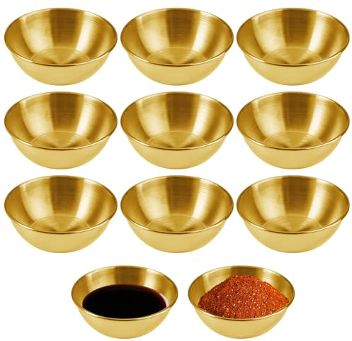 10 Stück 120ml Gold Dipschalen Edelstahl, 8.2×3 cm Klein Dip Schälchen Set | Mini Sojasauce Schälchen, Runde Saucenschälchen, Goldene Soßenschale für Saucen, Snacks, Gewürze, Sushi