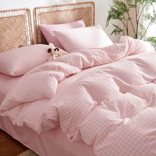 Bettwäsche 135x200 Baumwolle Rosa Kariert Bettbezug + Kissenbezug 80x80 | Baumwollbettwäsche Set, Modern Karo Muster, Landhausstil, Geometrisch, Karomuster, ÖKO-TEX, Bettbezug mit Reißverschluss
