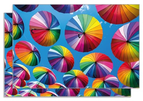 Wallario 2er Set Frühstücksbrettchen aus Glas, Glasunterlage, Glasbrettchen Bunte Regenschirme vor blauem Himmel, Größe 30 x 20 cm, Sicherheitsglas