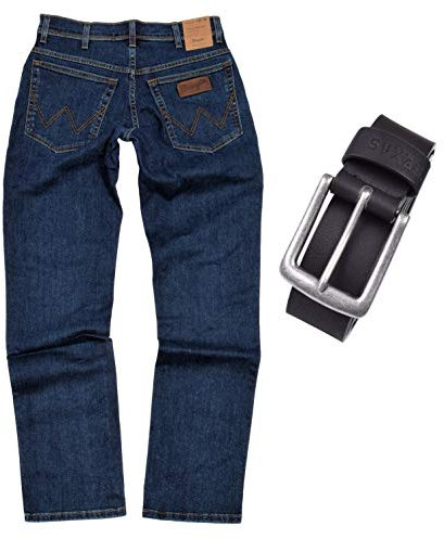 Wrangler Texas Stretch Herren Jeans Regular Fit inkl. Gürtel (W38/L30, Darkstone)