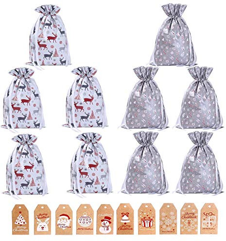 Christmas Wrapping Drawstring Gift Bags,10PCS Xmas Wrapping Bags Medium (16.5inX11.4in),Christmas Foil Drawstring Presents Bags