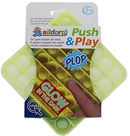 alldoro 63068 - Push & Play Silikon Fidget Spielzeug ca. 12 cm eckig, Pop it Anti Stress Fingerspielzeug, Bubble Push Toy für Stressabbau, für Kinder und Erwachsene, Glow in The Dark Gelb
