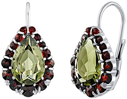 SILVEGO Damen-Ohrstecker aus 925er Sterling Silber mit echtem Moldavit und Böhmischen Granaten, Sterlingsilber, Moldavit, Sterling Silber, Moldavit