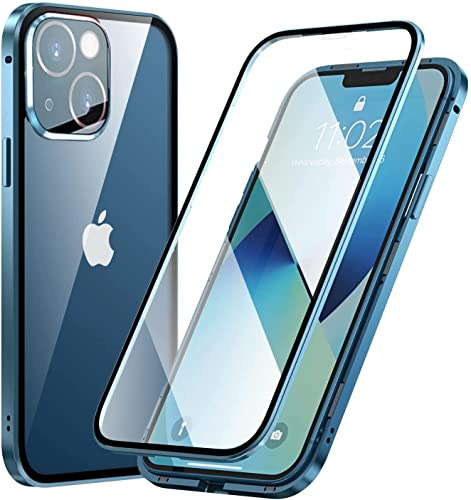 LIUKM Hülle für iPhone 13 Magnetische Adsorption Handyhülle 360 Grad Stoßschutz Vorne hinten Gehärtetes Glas Schutzhülle Metallrahmen Cover Case - Blau