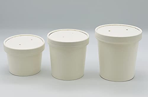 HOT BARGAINS 25 Set of White Kraft Disposable Soup Containers with Lids Paper Bowls Size 8oz, 12oz & 16oz Takeaway Tubs Perfect for Ice Cream Containers, Dessert and Deli (8oz)