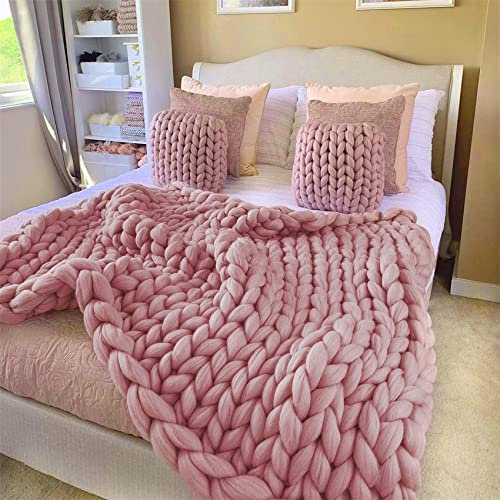 Riyueyi Couverture tricotée à la Main en Laine Douce,Plaid Tricoté Main en Grosse Maille for Chambre à Coucher,Salon,Tapis de Yoga,Rose,50x50cm/19x19in