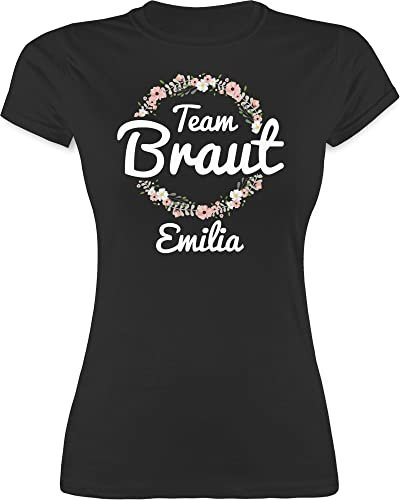 Shirt Damen personalisiert mit Namen - JGA Junggesellenabschied Frauen - Team Braut Blumenkranz Crew Bride Tribe - M - Schwarz - Tshirt junggesellinnenabschied Junggesellenabschieds Tshirts