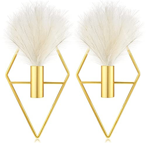 Peryiter 2 Pcs Boho Wall Decor Metal Gold Wall Art Hanging Planters with Artificial Pampas Modern Home Decor Display Art for Living Room Bedroom Bathroom(Rhombus)