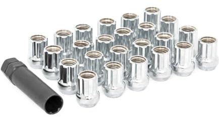 Rough Country 32-Piece Lug Nut Set - M14X1.5 Thread, Chrome Bulge Acorn Style, Open-End Lug Nuts with Socket Key, Corrosion-Resistant for Aftermarket Wheels