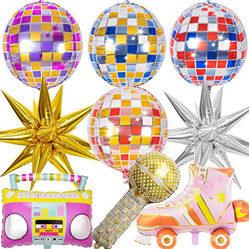 WIDEBG Folienballon Disco Party Deko Ballons Discokugel Luftballons Helium Ballon 70er 80er 90er Dekoration Geburtstag Radio BoomBox Luftballon Retro Disco Hip Hop Themenparty 9 Stück