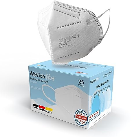 WeVida®Plus FFP2 Maske Made in Germany - 25 x einzeln verpackt, größere Passform, dermatologisch geprüft, EU CE zertifizierte Atemschutzmaske nach EN149:2001+A1:2009, CE2841 (Weiß)