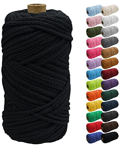 Uiopa Cuerda de macramé de 5 mmx90 m, cuerda de macramé gruesa de 8 hebras, cuerda de algodón trenzada, cuerda de macramé negra para colgar plantas, colgar en la pared, jardín, proyectos de bricolaje