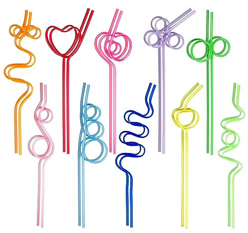 20PCS Reusable Straw, Curly Hard Plastic Straws, Party Drinking Straws Novelty for Kids, Multi-Shaped Colorful Silly Straws, Bendy Straws Party Decorations Supplies for Picnic, Camping, Party