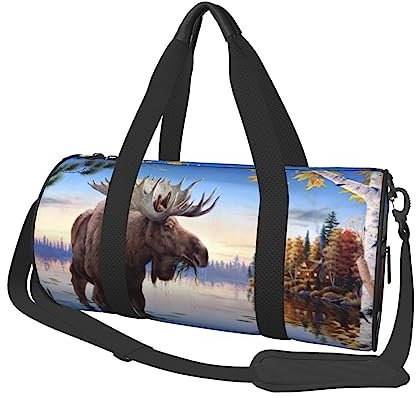 Elch Malerei Reise Seesack Wasserdicht Turnbeutel mit Schuhfach Gepäck Tasche für Weekender Sport Urlaub, Schwarz , Einheitsgröße