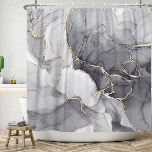 ASDCXZ Marmor Duschvorhang 240x180 cm, Modern Abstrakt Grau Gold Weiß Marmor Optik Textur Waschbar Bad Duschvorhänge Polyester Textil Wasserdicht Duschvorhang für Badewanne mit 12 Haken