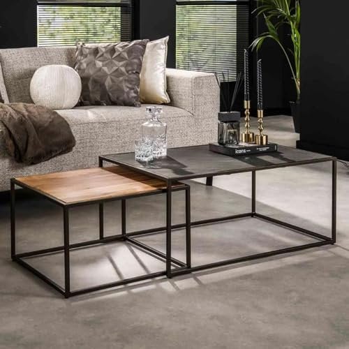 RINGO-Living Sofa Couchtisch Industrial Style 2er Set Beistelltische Metall Echtholz, eckiger Couch Tisch Schwarz & Natur Dunkel, moderner Couchtisch Eckig Massivholz Wohnzimmertisch, Satztisch