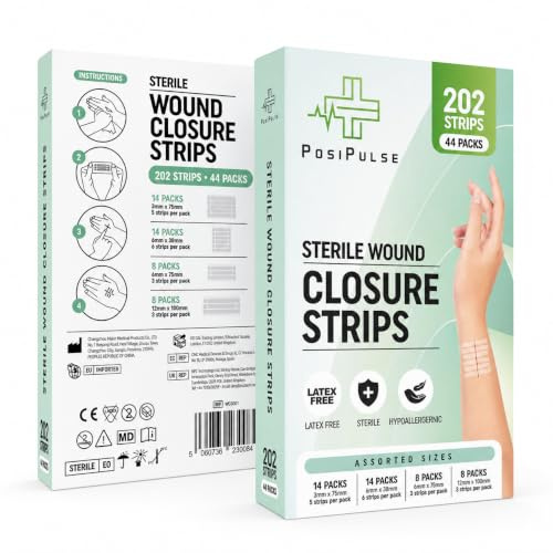 PosiPulse Sterile Hautwundverschlussstreifen, 202 Streifen, verbesserte Heilung, verstärktes Design,latexfrei, selbstklebende Rückseite, optimal für Schnittwunden, Nähte, 3 x 75,6 x 38,6 x 75,12 x 100