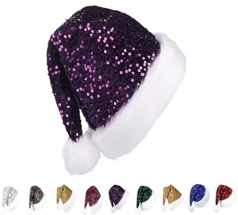 YAAVAAW 30 * 45cm Cappello Natale Donna Uomo Viola Paillette,Deluxe Peluche Cappello di Babbo Natale per Adulti Bambini,Morbido Unisex Velluto Cappelli Accessori Decorazioni Regali Festa Costume