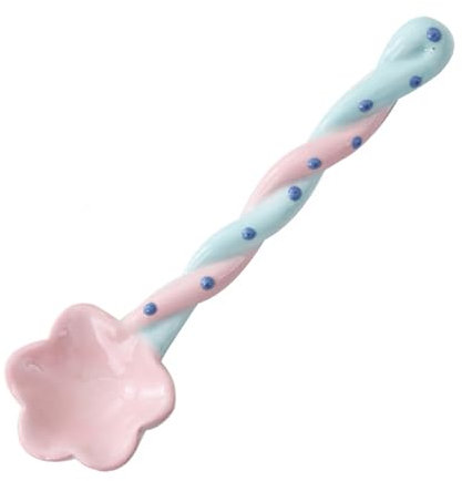 Moguri 1 cuchara de cerámica de mango largo retorcida, cuchara para el hogar con buen aspecto y estilo lindo, cuchara para mezclar, cuchara de café, cuchara de corazón para niñas, rosa