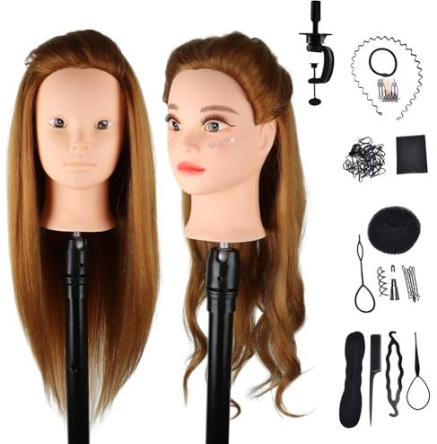 DaizySight Hair Styling Training Head with 60% Real Human Hair, 23 Cosmetology Mannequin Head Hairdressing Manikin Doll Head with Clamp & Styling Tools, Golden, without Makeup