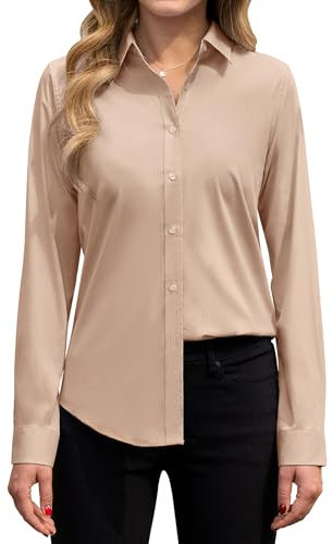 siliteelon Women's Shirts Long Sleeve Stretch Shirts for Women Regular Fit Dress Button Down Shirt Women Executive Office Business Casual Cotton Ladies Shirt Khaki