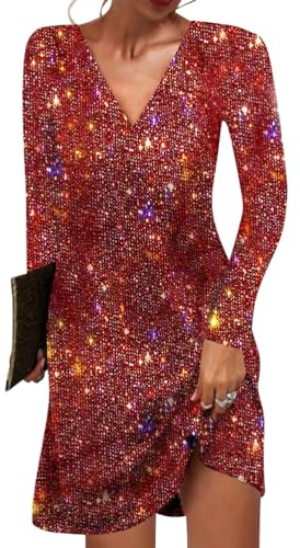 shownicer Damen Pailletten Kleid Sexy V-Ausschnitt Kurz A-Linie Glitzerkleid Elegant Langarm Festlich Party Lose Paillettenkleid Freizeitkleid