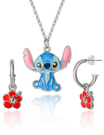 Disney Lilo & Stitch Schmuck-Set, offizielle Lizenz, Blumen-Charm-Creolen und Halskette mit 16 + 3 Stichen, Modeschmuck-Set, Modisch, Kein edelstein