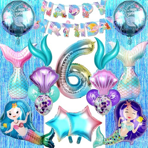 Sylphlikeoniric Meerjungfrau Geburtstag Deko 6 Jahre, Set mit Luftballons, Muschelballons, Regenbogenbanner und Meerjungfrau Schwanz Ballons