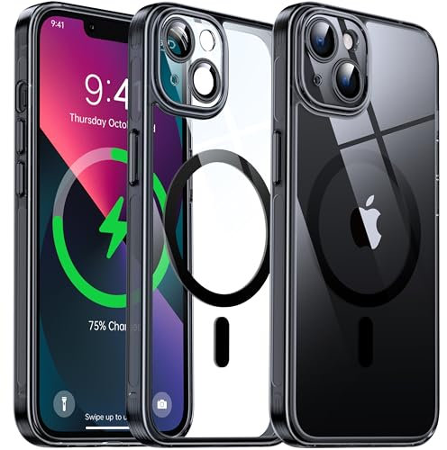 Flyzoo Coque Magnétique Transparente pour iPhone 13 (6.1'') avec Objectif Film, [Compatible avec MagSafe] [Protection Antijaune & Antirayure & Antichoc] Etui Housse Dur avec Silicone Bord, Noir