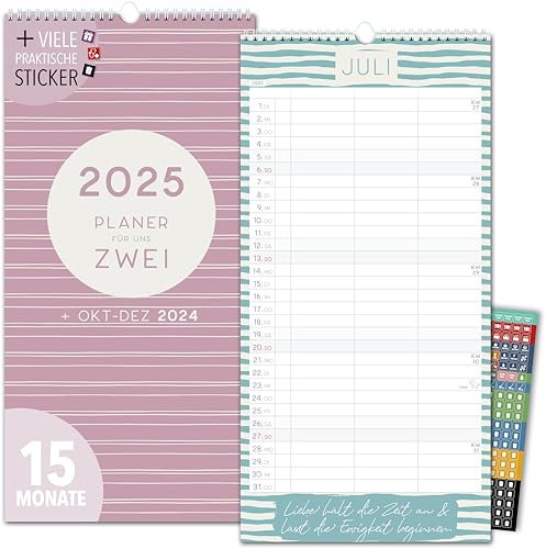 Paarplaner 2025 3 Spalten STREIFEN Planer für Zwei 2025 und Okt-Dez 2024 Partnerkalender 16x32,5cm Paarkalender f. Paare 2025 Wandplaner 2 Personen STICKER Recycling Urlaub, Pflanzkalender Muster