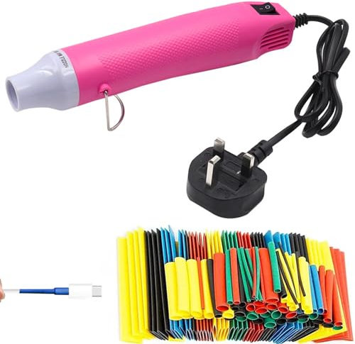 TOPIND Mini Heat Gun, Heat Shrink Tubing Kit, 300W 220V Portable Epoxy Resin Hot Air Gun with 85CM Power Cord for DIY Embossing Drying Paint Crafts + 164 Pcs Heat Shrink Wrap Tube (Pink)
