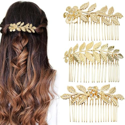 VEOIRXU Lot de 3 peignes latéraux en métal doré avec strass - Pinces à cheveux torsadées - Pinces à cheveux avec dents - Peignes latéraux originaux - Bijoux de mariée - Barrettes à cheveux
