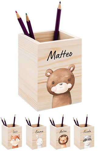 Bärenfreunde® - Personalisierter Stiftehalter Kinder aus Holz - Kreativer und praktischer Schreibtisch-Organizer Kinder mit Namen - Perfektes Einschulung Geschenk und Geburtstag (Bär)
