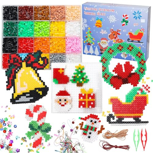 Christmas Fuse Beads for Kids Craft Art, 7000PC 5MM Melty Beads Set, Iron Melting Beads Craft Kit with Pegboards, Ironing Paper and Chain Accessories for Kids Boys Girls Christmas Birthday Gift