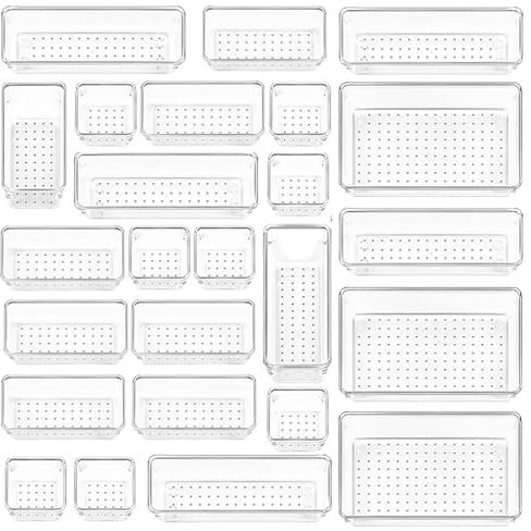 25pcs Versatile Clear Desktop Organiser Set, 4 Size Bathroom Vanity Drawer Organizer Trays, Icebox Drawer Cabinet Divider Organizer, Storage Bins for Makeup, Bedroom, Kitchen Gadgets Utensils, Office