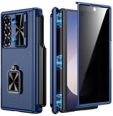 Doeshine for Samsung Galaxy Z Fold 6 Case with S Pen Holder & 360° Ring Kickstand, Slide Camera Cover, Front Privacy Screen HD Protector, Magnetic Hinge Protection, Heavy Duty Shockproof Case (Blue)