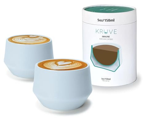 KRUVE Imagine Porcelain Latte Coffee Cups, Double Walled Latte Cups, Glass Cups Set of Two - 5oz Thermal Spherical Design for Art, Insulated Coffee Mugs for Heat Retention (Blue)