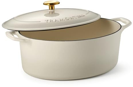 Tramontina Enameled Cast Iron Oval Dutch Oven Pot with Lid, Large 7-quart, Latte (Gold Knob)
