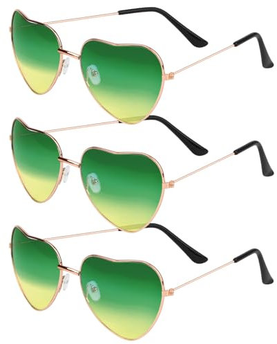 Dawumin 3 Paar Herz Party Brillen, Hippie Brille Damen, Herzbrille, Lustige Sonnenbrille, Retro Herzförmige Partybrille, für 60er 70er 80er 90er Jahre Party Accessoires (Oben grün und unten gelb)