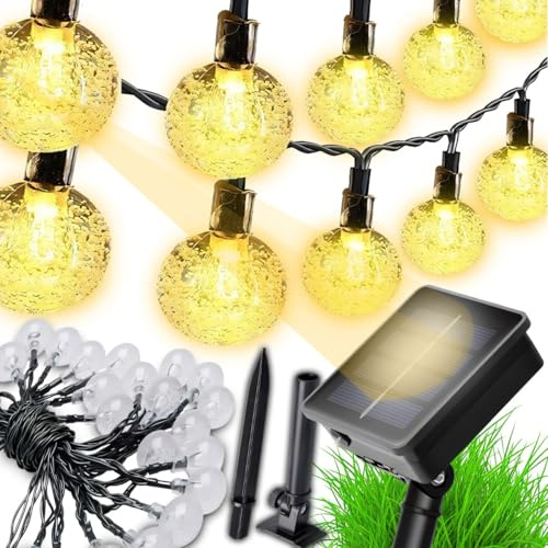 Retoo Solar Lichterkette Aussen 10M 100 LED Wetterfest IP44 Wasserdicht Kristall Kugeln Dekorative Girlande für Garten Party Weihnachten Bäume Terrasse Balkon Hochzeiten Warmweiß