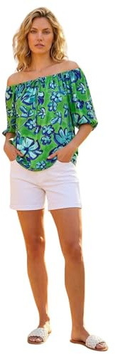 Roman Bardot Top Off Shoulder Blouse for Women UK - Ladies Floral Print Shirt Palm Leaf Tropical Ditsy Cold Shoulder Jersey Frill Cuff Summer Spring Holiday - Green Blue Floral - Size 10