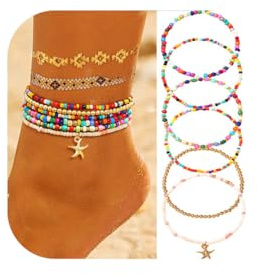 Yean Bracelet de cheville bohème avec perles empilables - Étoile de mer colorée - Accessoire de plage pour femme, Eine Grösse, /, Pas de gemme