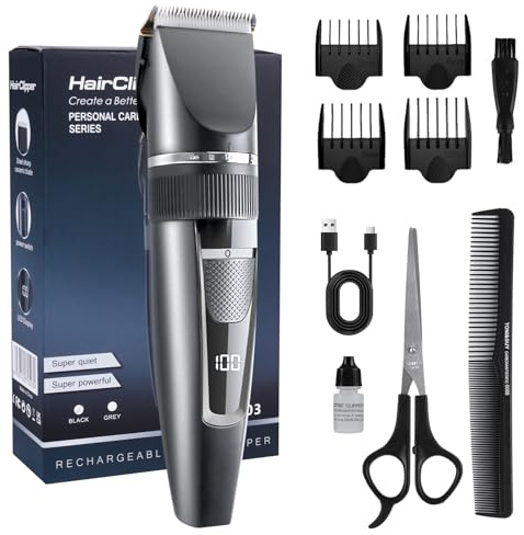 Tondeuse à cheveux professionnelle avec affichage LED - Tondeuse à barbe - Tondeuse de précision - Cadeau pour homme - Gris