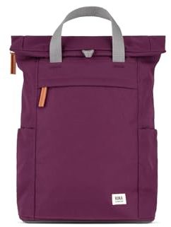 ROKA London Finchley A Medium Recycled Canvas (Cherry Lacquer) | Roll top backpack with spacious storage, padded laptop sleeve, side bottle pockets, secret pocket and adjustable straps
